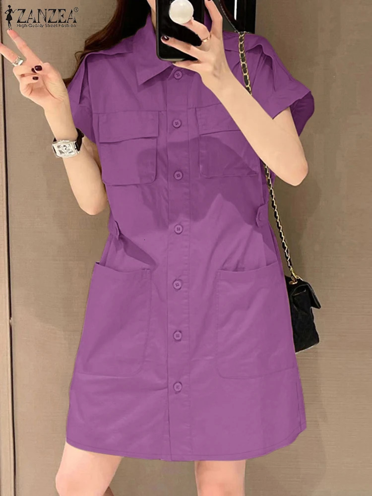 2025 ZANZEA Summer Fashion Collar Short Sleeve Dress Commodity Elegant Solid OL Work Sundress Vestidos 250206