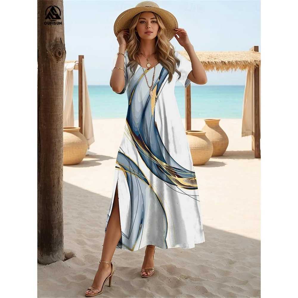 Summer Stres Print Clothing Ele Womens Slit Dress V-Neck Short Sves Long Dresses Loose Pullover Hot Selling StreetwearXJ2500207