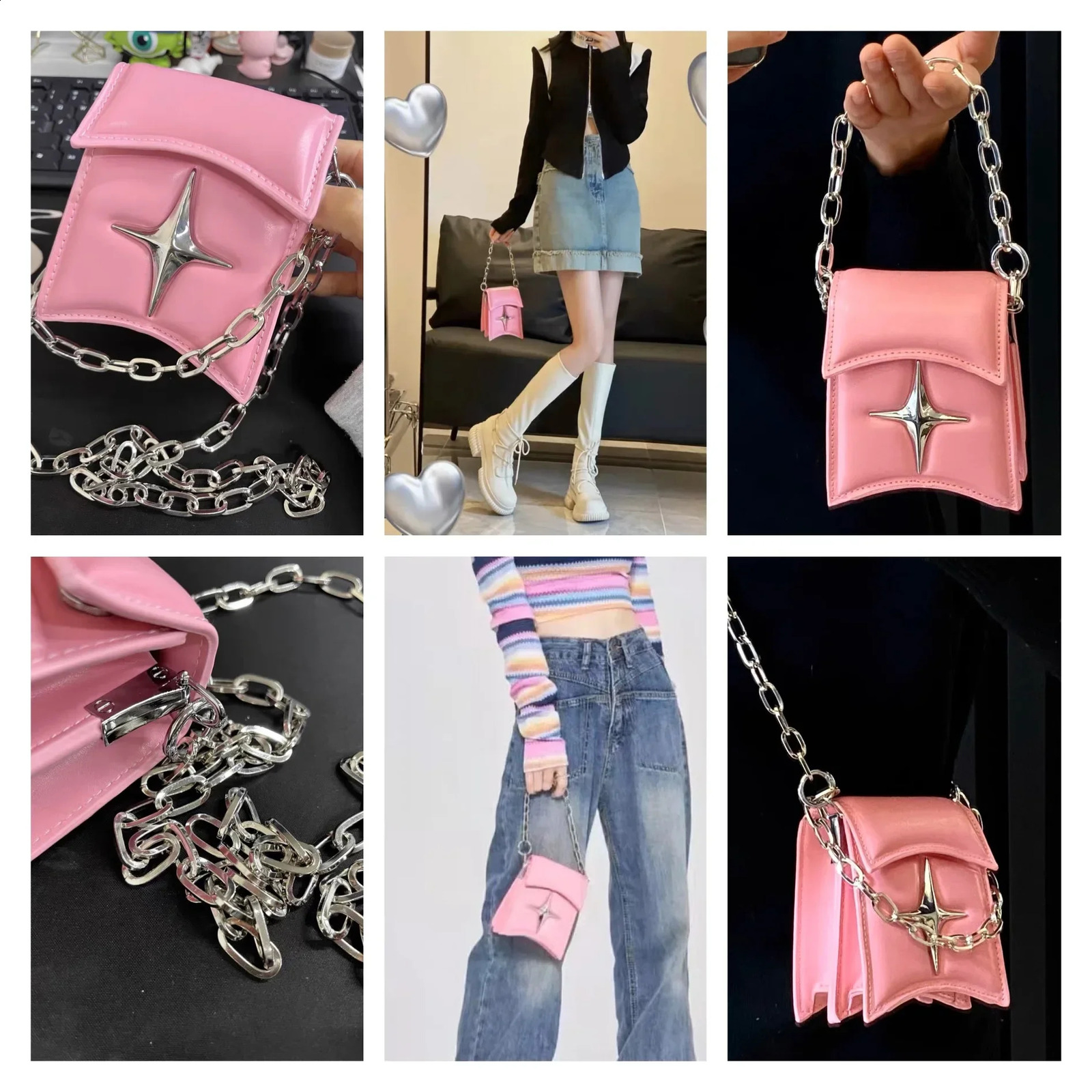 Y2K Vintage Korean Small Chain Shoulder Bag Flap Clutch Purse Handbags Pink PU Leather Gothic Cross Crossbody Ladies Bags 250206