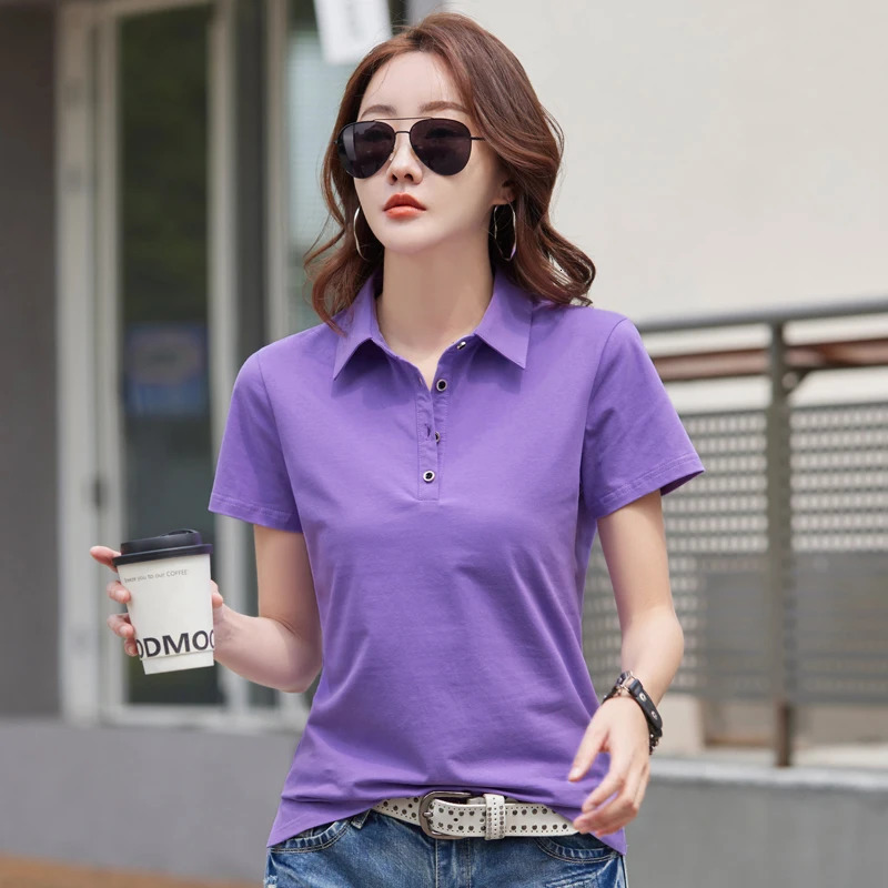 Summer In Polo Shirt Short Sleeve Cotton Plus Size Basic T- Shirt Women Button Casual Office Lady Formal Women Tops 2024 250207