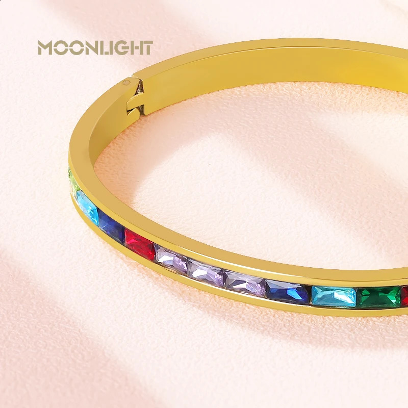 MOONLIGHT Fashion Colored Square Rhinestones Bangles Steel Bracelet for Woman Female Jewelry Gift Women Accessories 250207