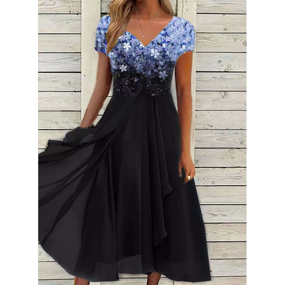 European American Summer Urban Leisure Fashion Chiffon Splicing Women's Dress 2024 New Style Unique and Elegant Clothing