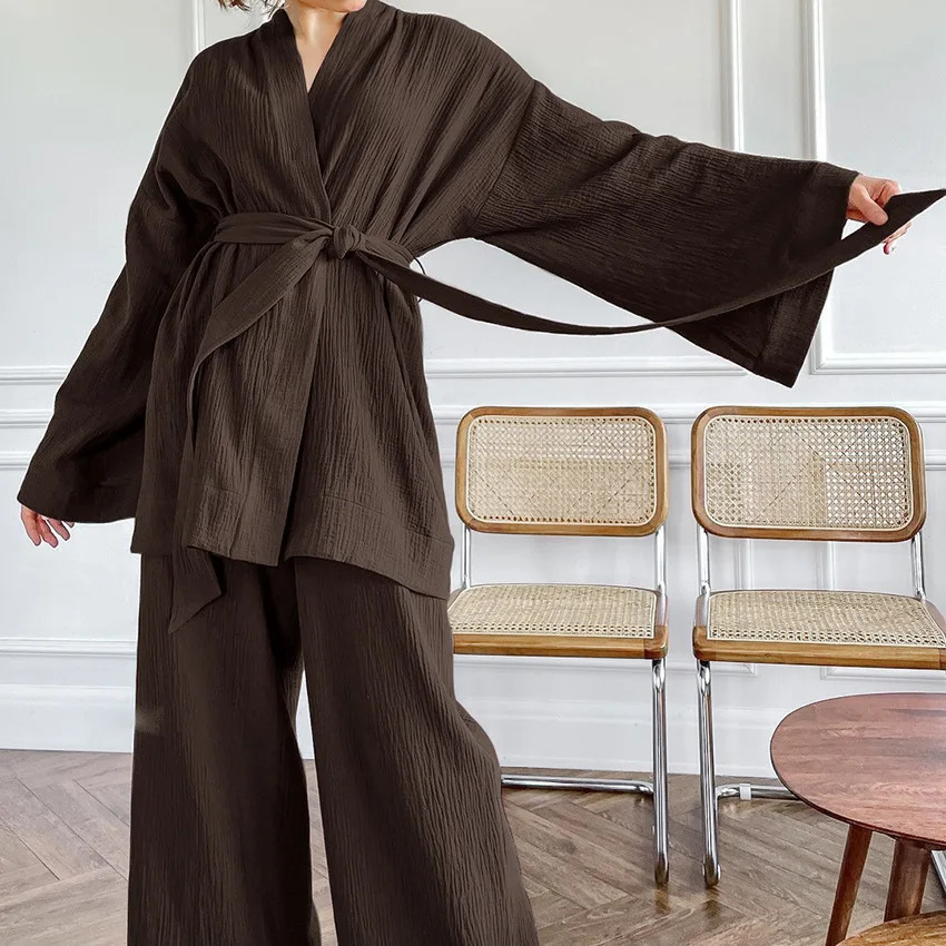 NHKDSASA Kimono Pajamas 100% Cotton Crepe Long-Sleeved Trousers Ladies Sleepwear Suit Womens Home Service Mujer 250207