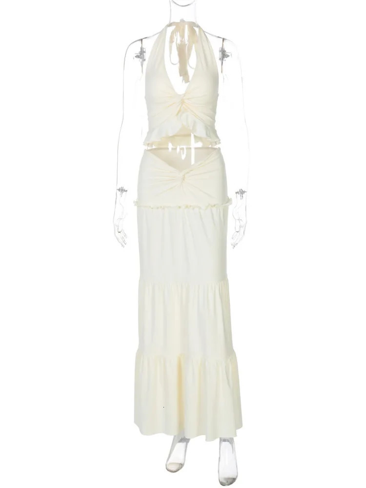 Mozision Sexy Sleeveless Skirt Two Pieces Sets For Women V-neck Hollow Out Crop Tops And Long Skirt Patchwork Two Pieces Sets 250206