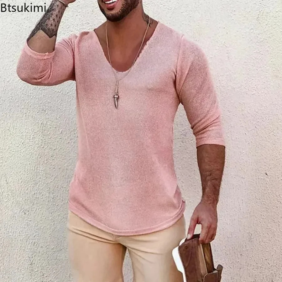 2025 Mens Casual Long Sleeve Kniited Sweaters Thin Style Mens Spring Autumn Clothing Solid V Neck Knitting Pullover Knit Tops 250206