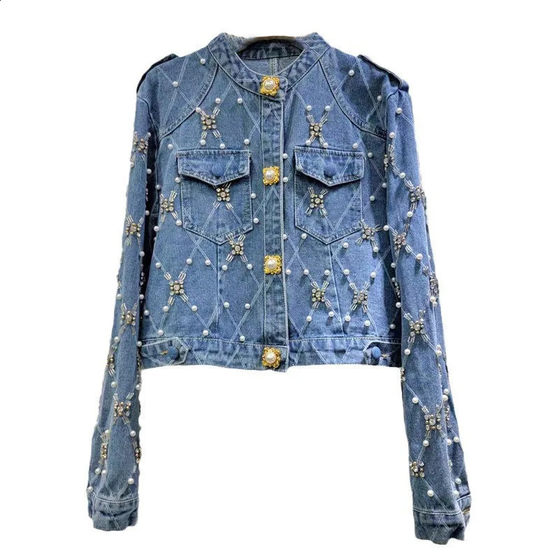 WTHT Trendy Womens Plaid Pearl Diamonds Short Denim Jacket 2025 Spring Fashion O-neck Long Sleeves Coat Female 1LS695 250121