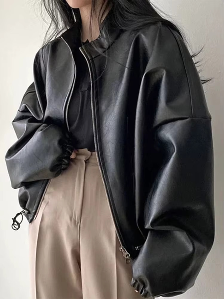 PU Leather Jacket Women Y2k Street Fashion Zipper Loose Female Crop 2025 Spring Long Sleeve Stand Neck Moto Biker Lady Coat