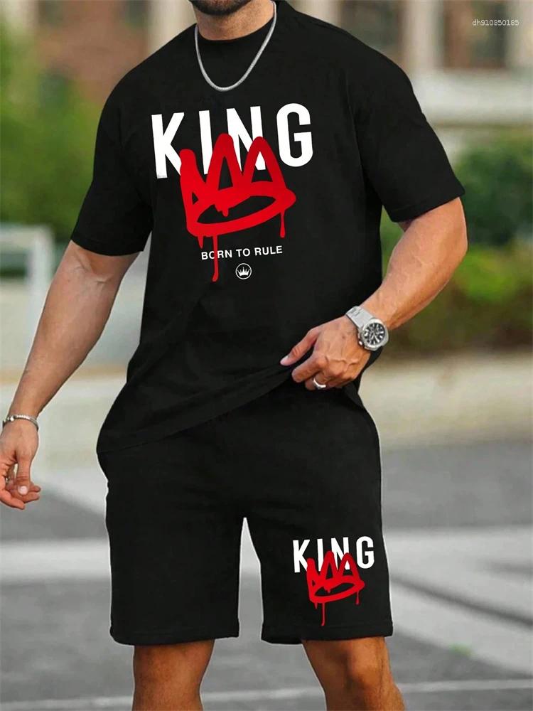 Men's Tracksuits Short Sleeved Shorts Set Fashionable King Printed T-shirt 2 Sets Casual Round Neck Jumper Breathable Sportswe