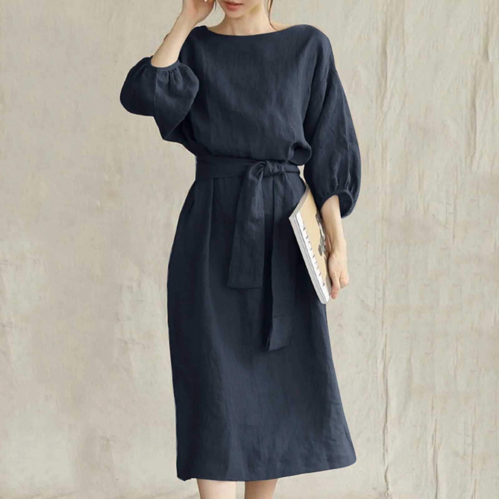 Cotton Linen Dresses WomenS Vintage Long Sve High Waisted Tied Solid Color Round Neck Dress Ele Vestidos For WomenXJ2500207
