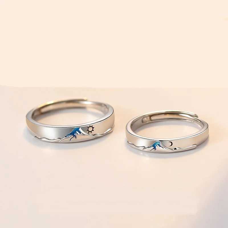 Romantic Sun Moon Couples Rings Blue Sea Enamel Women Men Lovers Rings Sweet Open Adjustable Anniversary Valentines Day Jewelry W250207