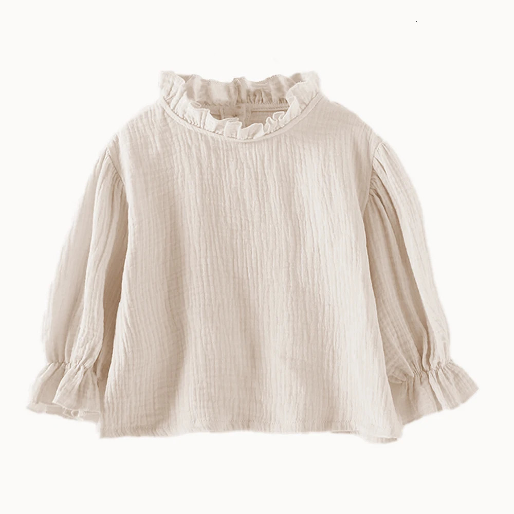 Toddler Girls Long Sleeve Tops Autumn Linen Cotton Solid Ruffle T-Shirt Bottoming Shirts Tees for Kids Casual Tees Girls Blouses 250207