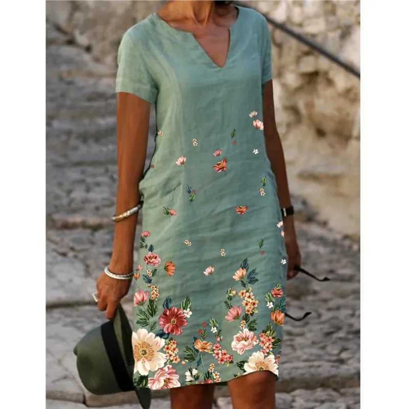 Casual Loose Print Vintage Summer Women Printed Cotton Short Sved V-neck Sexy Midi Dresses Ele Vestido Feminino S-5xlXJ2500207