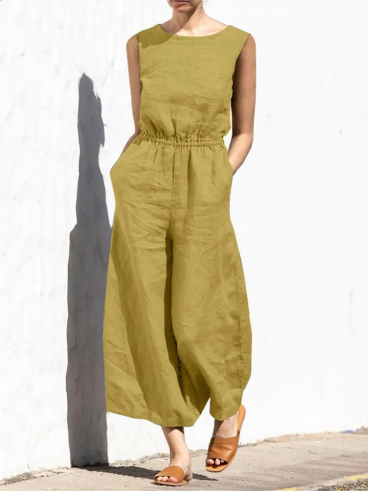 Fashion Buttoned Women Wide Leg Pant Jumpsuit Summer Solid Round Neck Sleeveless Pocket Playsuit Ladies Loose One-Piece Pants 250107