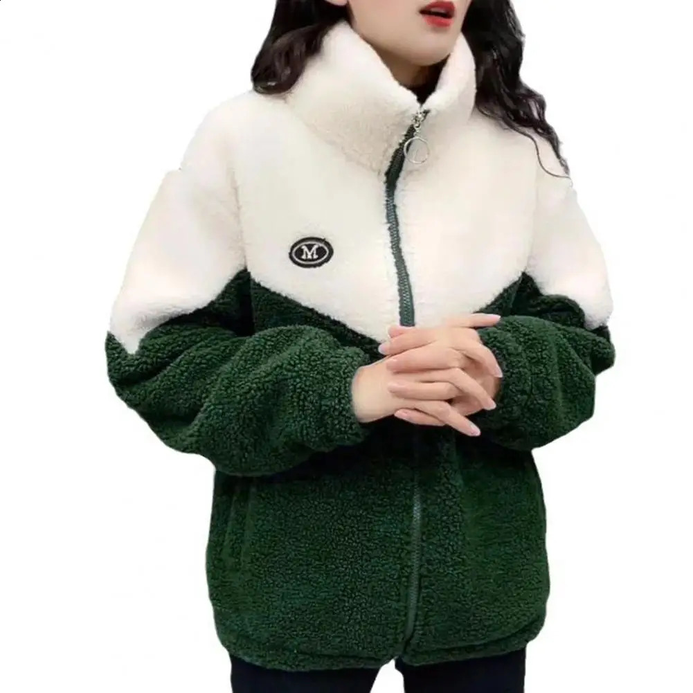 Autumn Winter Fleece Fluffy Jacket Streetwear Harajuku Zipper Coat Woman Lightweight Plush Warm Splice 250109