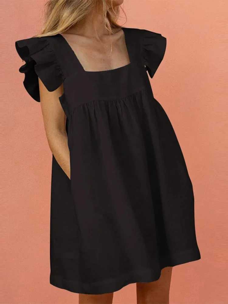Women Ruffled Mini Dress Summer Cute Square Collar Pocket Dresses Ele Butterfly Sve Beach Party Fe Dresses VestidosXJ2500207