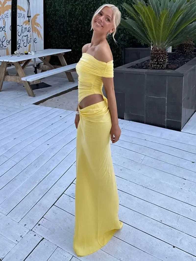 Elegant Yellow Holiday Beach Dresses for Women Sexy Slash Neck Mesh Patchwork Evening Dress Folds Hollow Out Long Party Gowns X250207