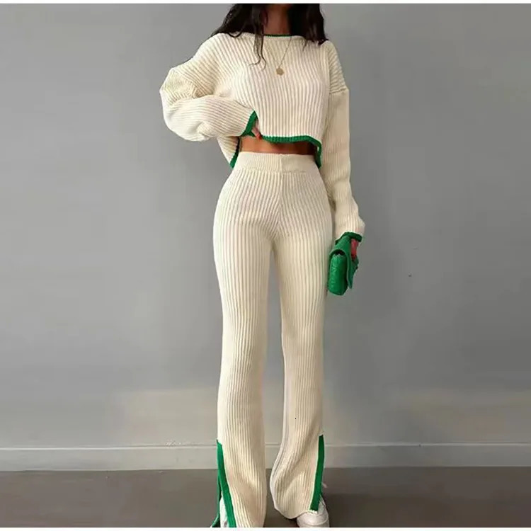 Fashion and fashionable color matching knitted pants set for womens short top ultrathin high waisted seam Trouser twopiece 250206