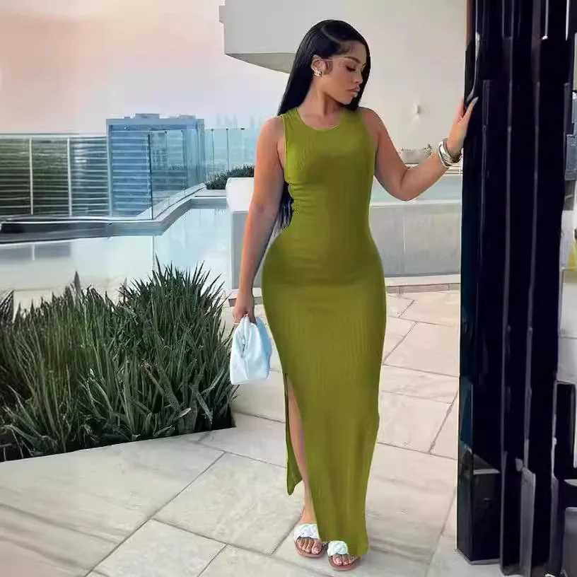 Sexy Sveles Knitted Long Dress For Women Fashion O-neck Pure Color Bodycon Dress Summer Split Package Hips Party Dress BlackXJ2500207