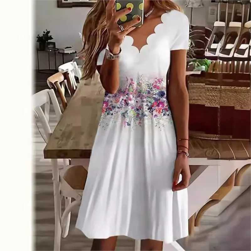 Summer New Womens Digital Printed V-neck Short Sved Dress 2024 Ladies Floral Print Knee-Length Pullover Dresses Femme RobeXJ2500207