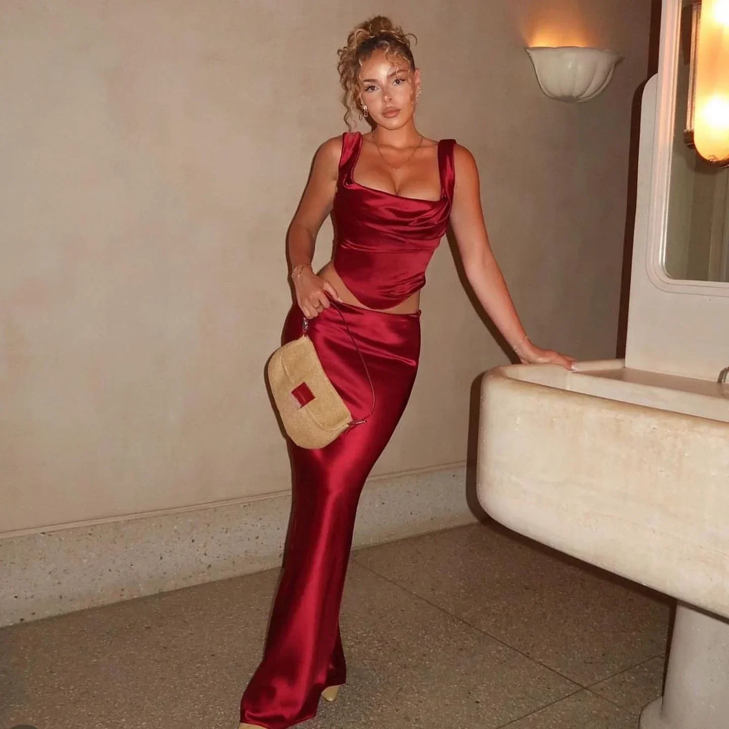 Suninheart Wine Christmas Dress Women Satin 2 Piece Dress Set Elegant Bodycon Corset Cropped Top and Long Skirt Women Clothing 250206