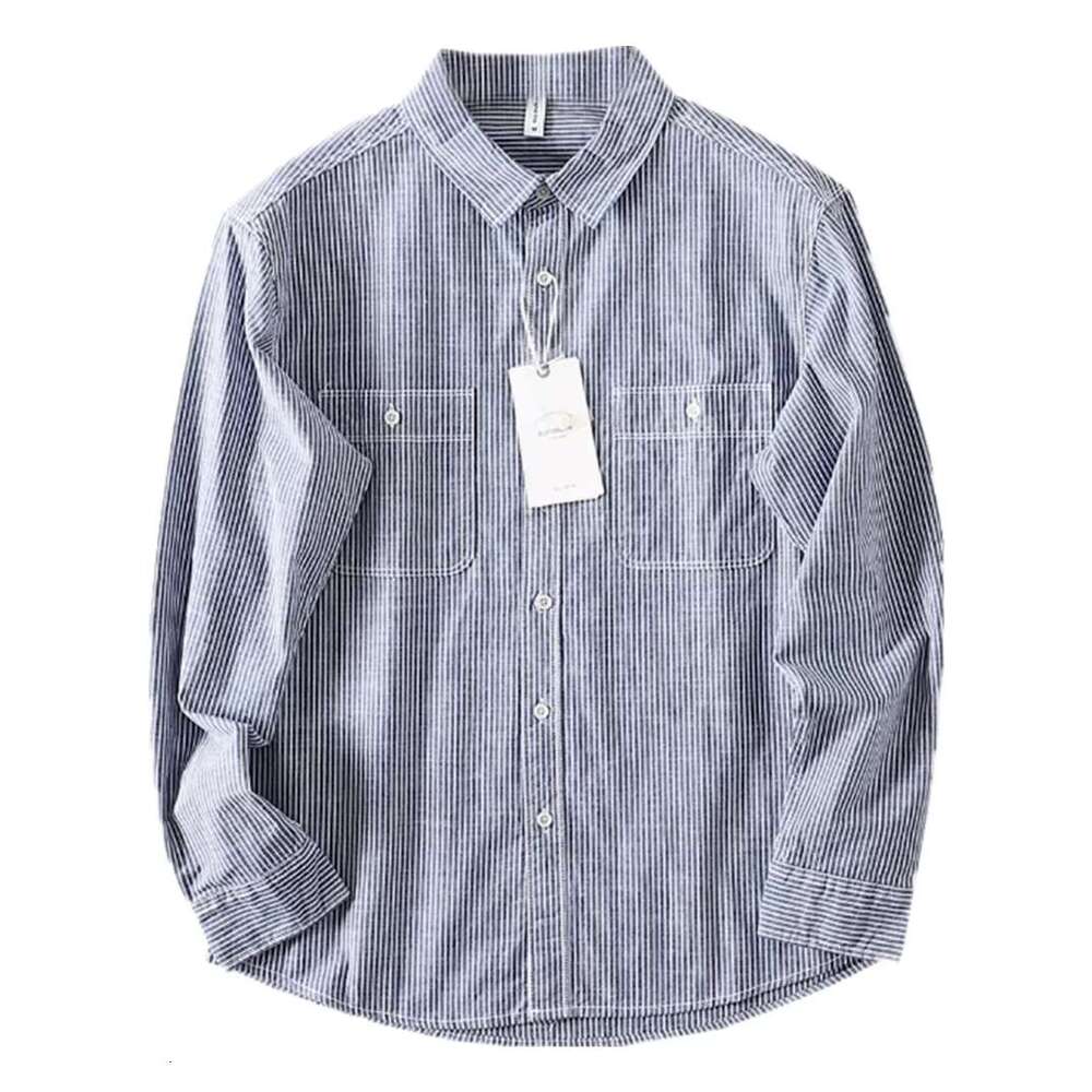 Men's Autumn Pure Cotton Fashionable Loose Striped Long Sleeved Shirt Outdoor Trekking Hiking Climbing Camping Workwear Blouse