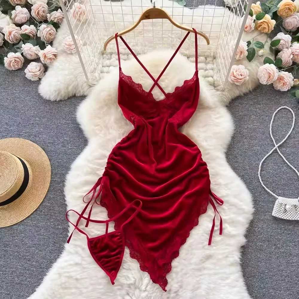 Women Sexy Red Ruched Mini Dress Sveless Backless Spaghetti Strap Dress Drstring Bodycon Party Club Dress with ThongXJ2500207