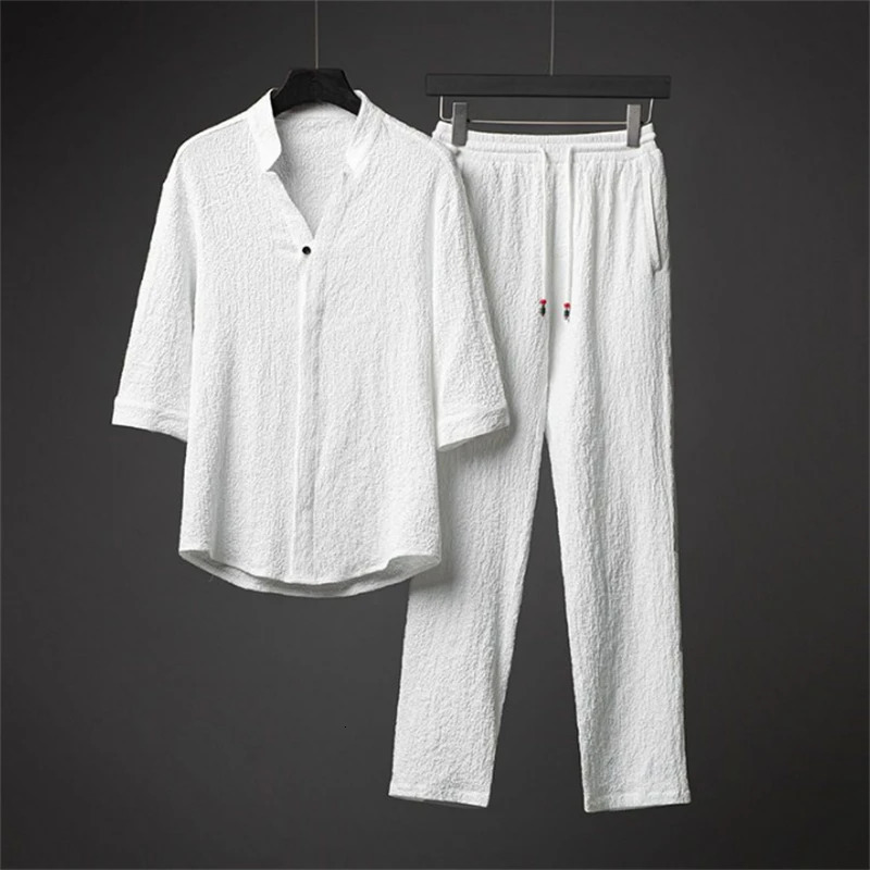 Ice Silk Linen Mens Set Spring Summer 2023 Loose Pullover Tops and Elastic Waist Trousers Sport Suits Men Two Piece Sets 250207