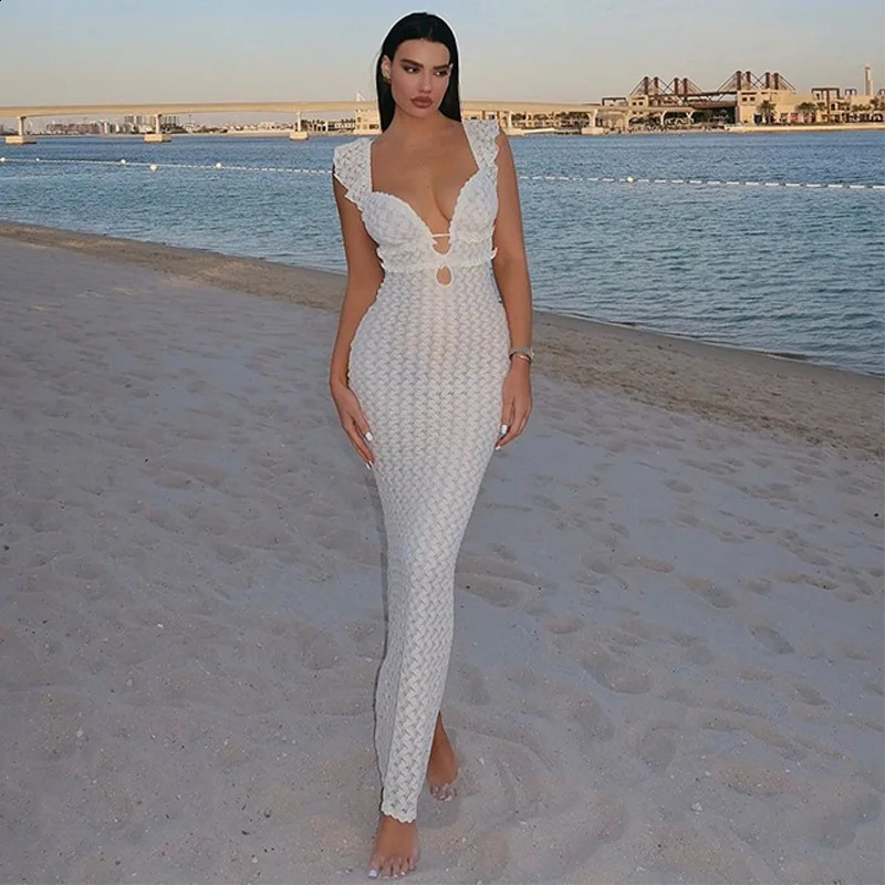 Cryptographic Elegant Tie Detail Sexy Cut Out Backless Dress Party Club Outfits Summer See Through Sleeveless Dresse Robe 250207