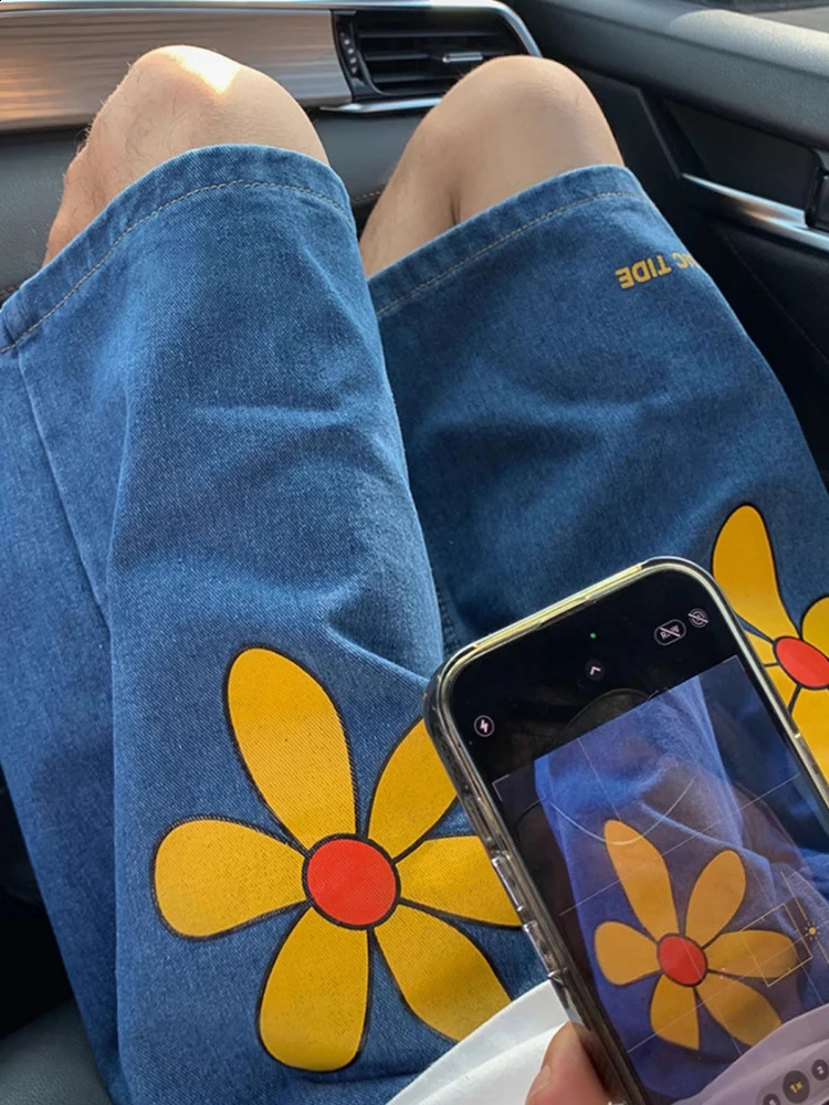 REDDACHIC Men Daisy Print Blue Baggy Jeans Jorts Vintage Wash Low Waist Casual Loose Wide Leg Denim Shorts Y2k Summer Clothes 250120