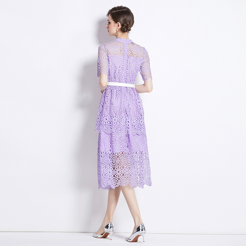 L3135 New embroidered water-soluble lace dress Stand-up collar hollow purple skirt summer female high-end feeling
