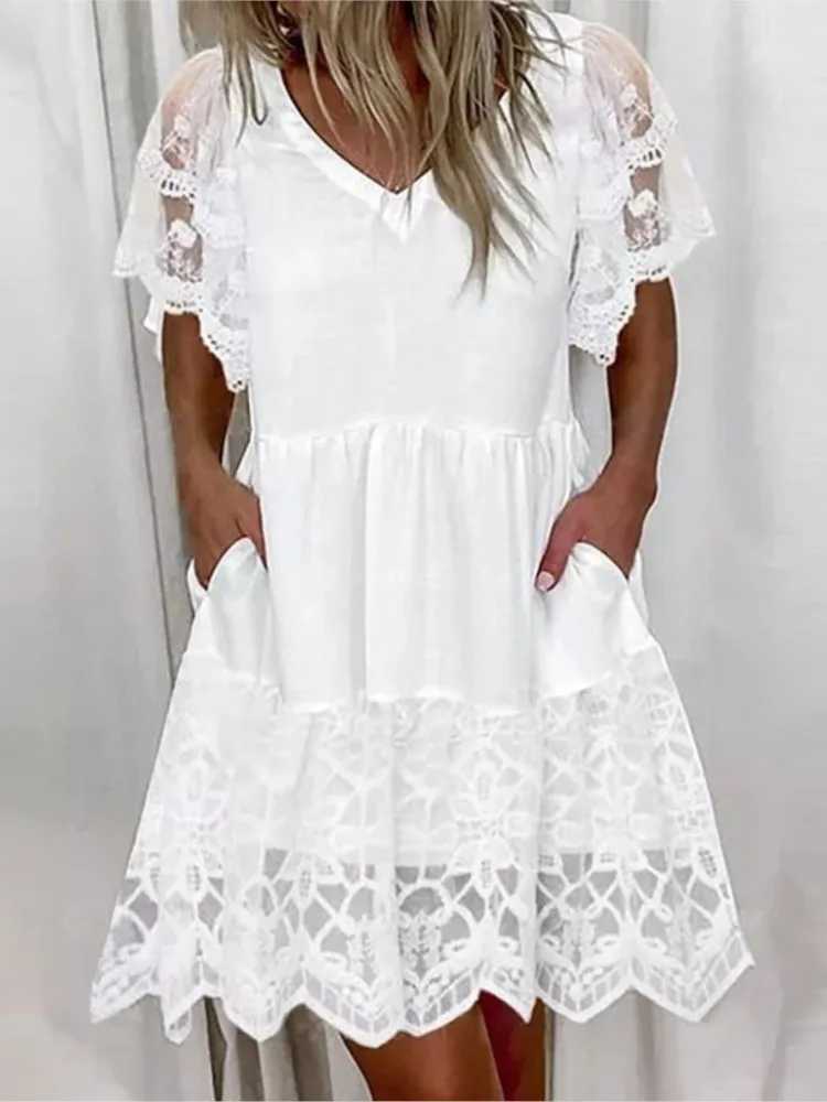 White Lace Patchwork Dress For Women Summer 2024 Casual V-neck Short Sved A-line Dress Fashion Boho Beach DressesXJ2500207