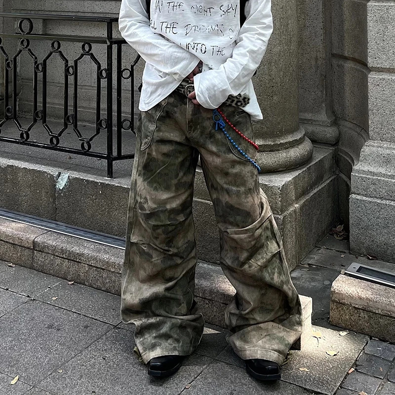 PFNW American Pleated Camouflage Straight Cargo Pants For Men Niche Vintage Loose Wide Leg Pants High Street Trousers 12C1807 250206