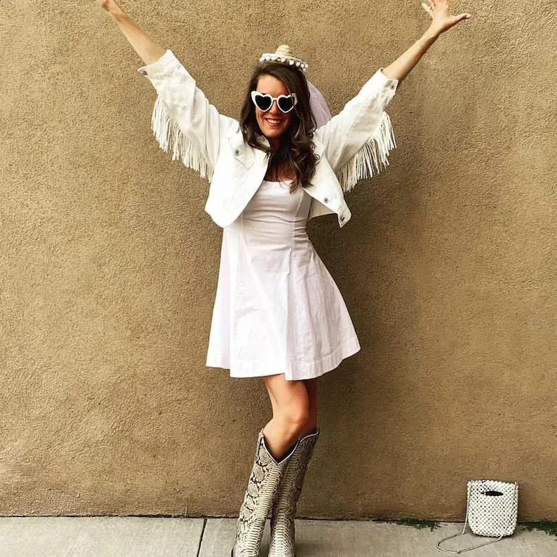White Fringe Pearl Rhinestone Denim Jacket with Stars Nashville Bachelorette Western Bride Custom Bride Jacket Personalized 250121
