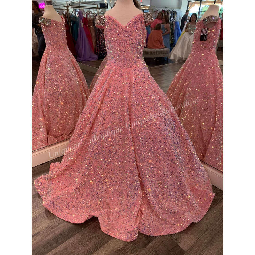 Iridescent Girl Pageant Dress 2023 Veet Sequin Beading Off-Shoulder Little Kid Birthday Formal Party Gown A-E Toddler Teens Preteen Or-Length Pink Ivo
