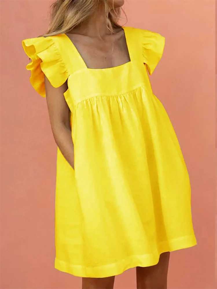 Women Ruffled Mini Dress Summer Cute Square Collar Pocket Dresses Ele Butterfly Sve Beach Party Fe Dresses VestidosXJ2500207