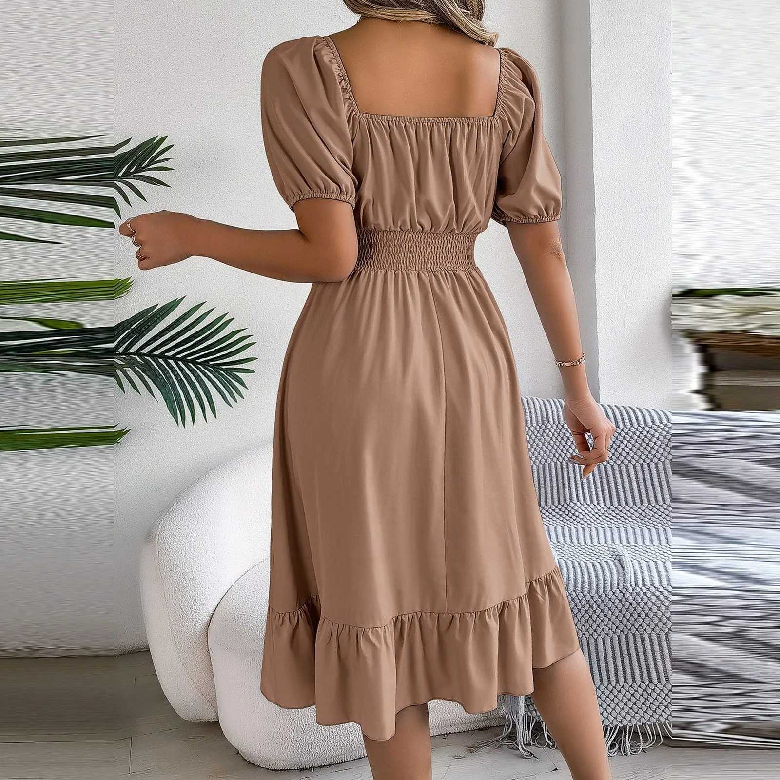 Ele Women Spring Summer Dress Square Neck Puff Sve A Line Vestidos Square Neck Tie Waist Ruched Casual Solid Long DressXJ2500207