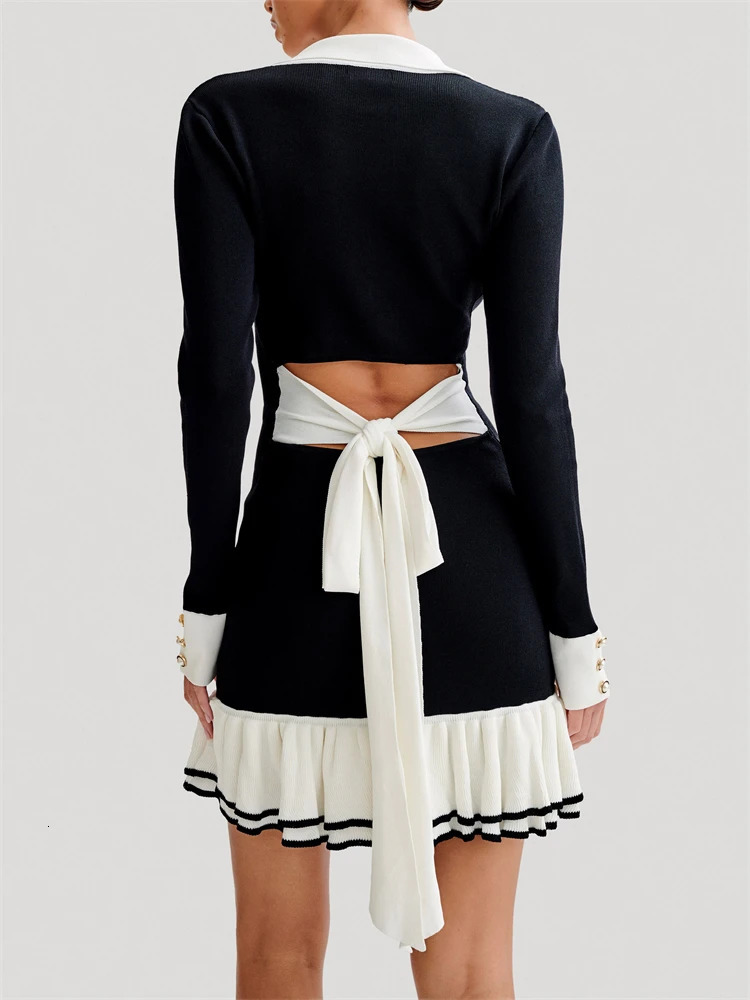 Ruffled Bow Knit Mini Dress Summer Backless Contrast Cardigan LaceUp Elegant Female Knitwear Bandage 250206