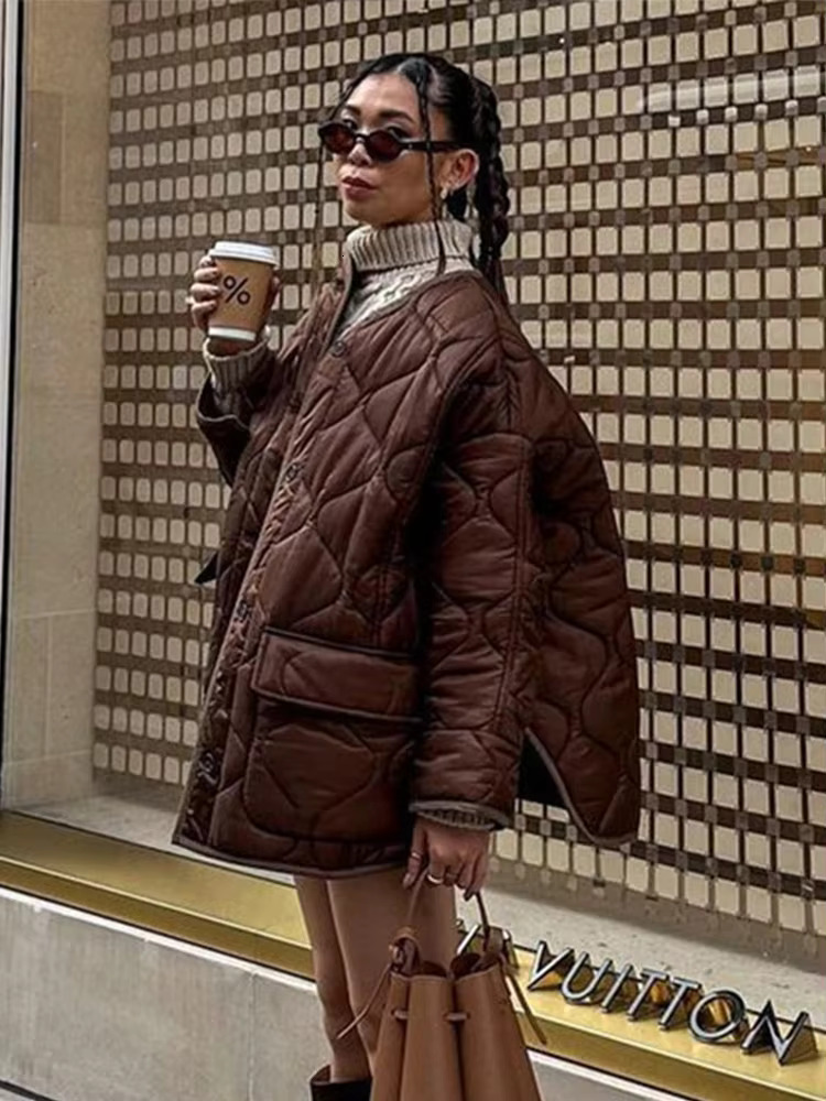 Loose Women's Cotton Coat Green O-Neck Irregular Stripe Long Sleeve Single Breasted Female Overcoat Winter Fashion Lady Jacket