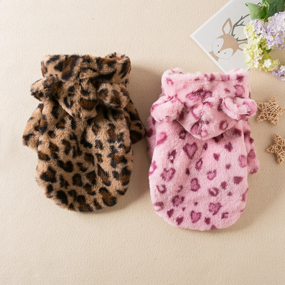 Winter Pet Dog Clothes Dogs Hoodies Coat Plush Warm Sweatshirt For Small Medium Cute Leopard Print Puppy Jacket Pets Costume 250206