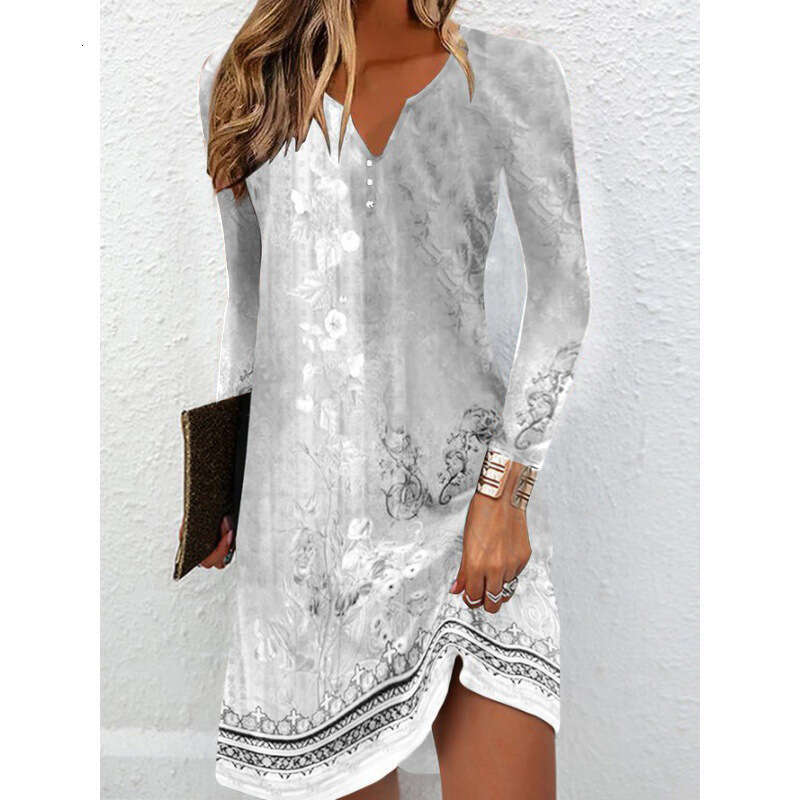 hot autumn long sleeved V-neck button irregular dress for women's clothing, 2024 new style, chic and elegant clothing