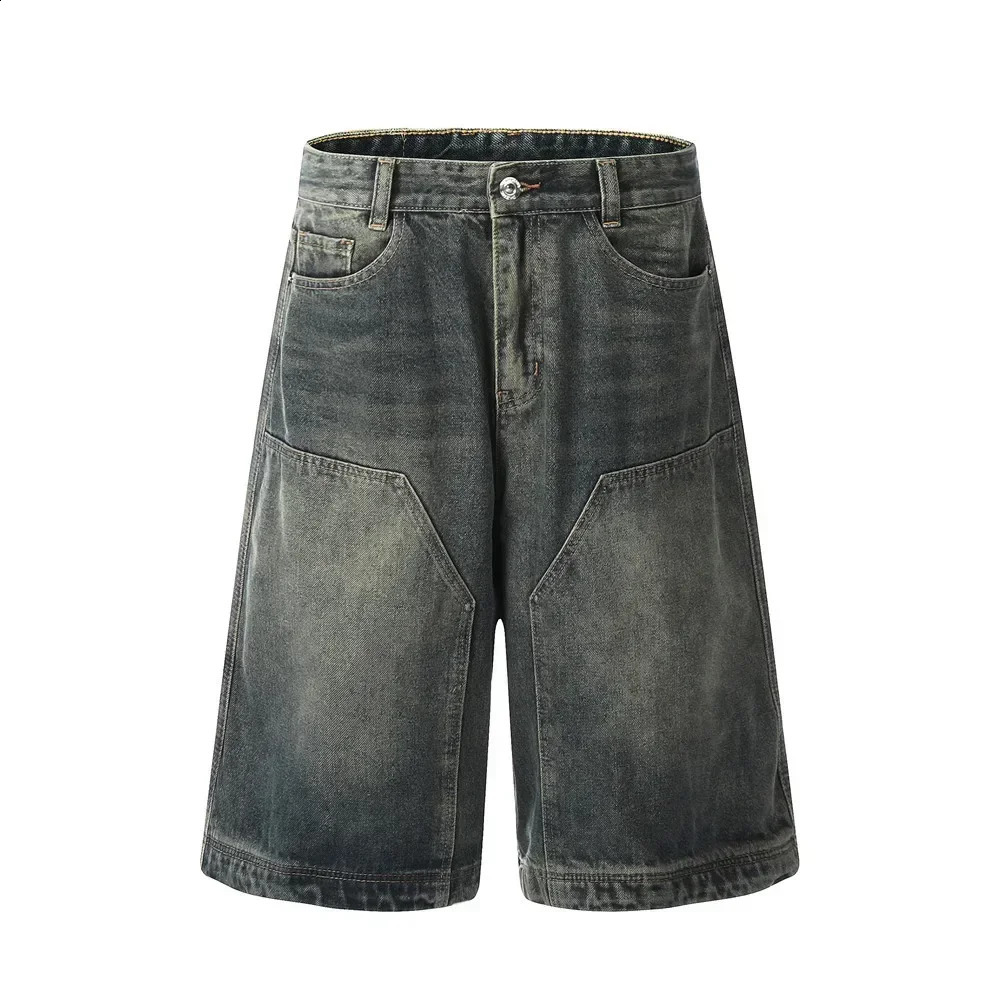 Mens Punk Washed Denim Fivepoint Shorts with Streetstyle Patchwork Splicing Distressed Look Loose Straightleg and Wideleg 250120