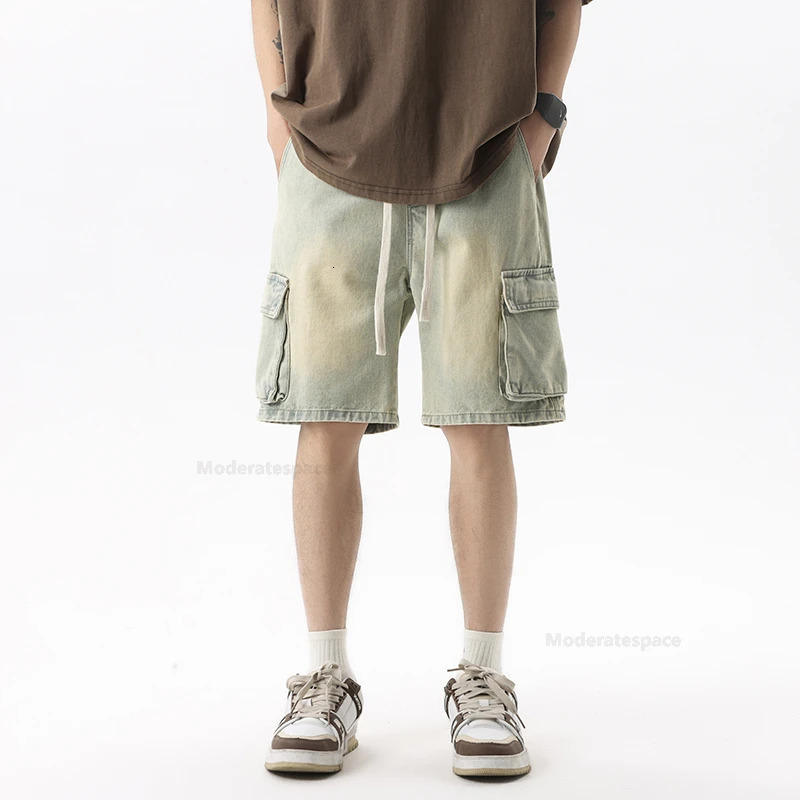Summer Cargo Jeans Men Pockets Denim Shorts Elastic Waist Loose Straight High Street Wide Kneelength Short Pants 250207