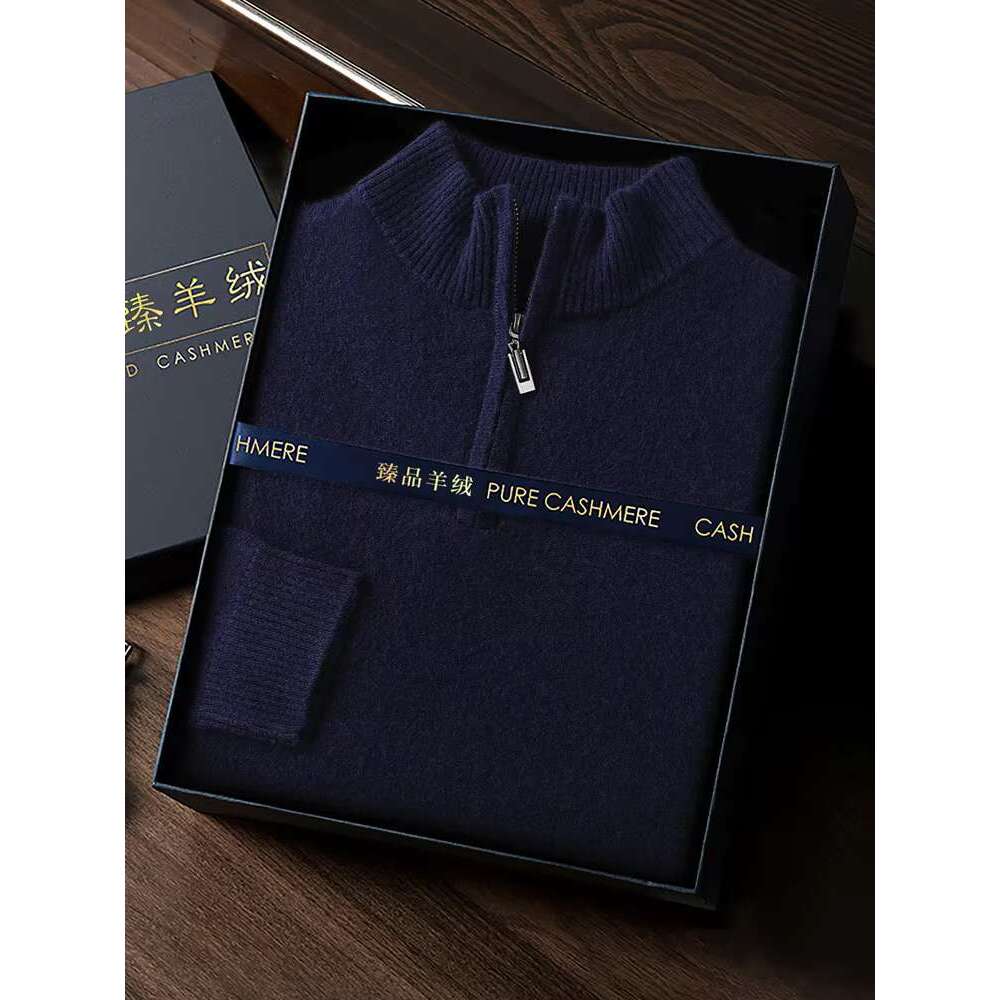 Autumn Winter Men's Basic Zipper Pullover 100% Cashmere Sweater High Quality Base Mock Neck Knitwear Smart Casual Soft Warm Top