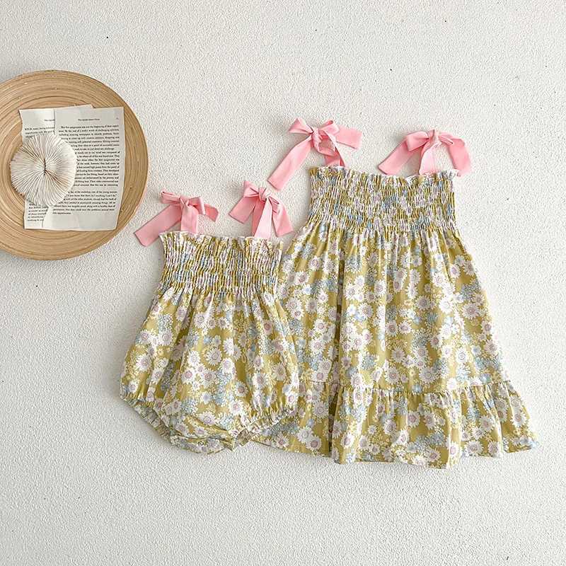 Summer Baby Girls Clothes Girls Sling Dress Flower Print Sleeveless Baby Romper Princess Dress Family Matching Sister Outfit W250207