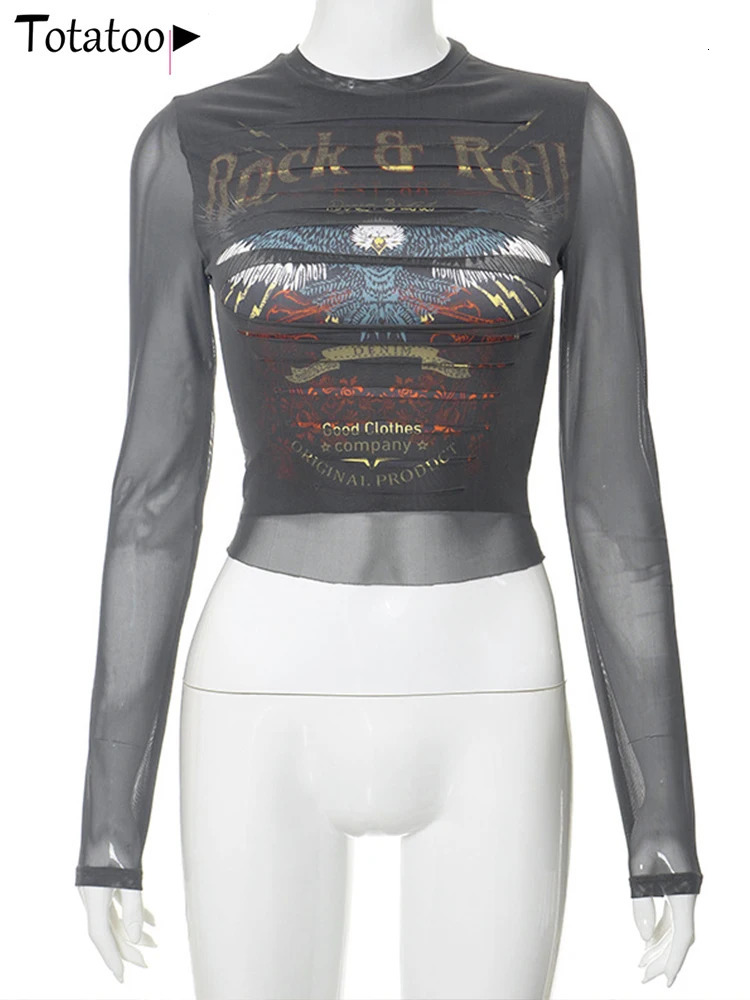 Totatoop Print Holes Mesh Transparent Sexy T Shirts For Women Summer Round Neck Long Sleeve Skinny Crop Tops Night Clubwear 250206