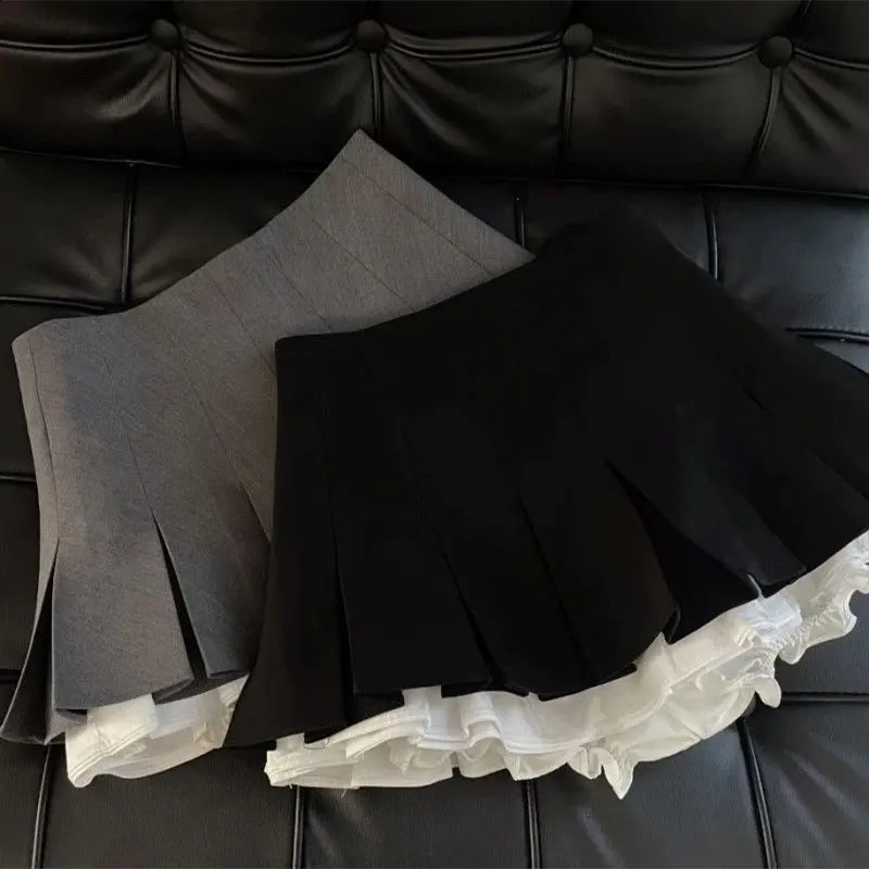 Mooyufon Ruffles Black Mini Skirt Women Korean Patchwork Pleated Skirts Japanese Kawaii High Waist All Match A Line Skirt 250206