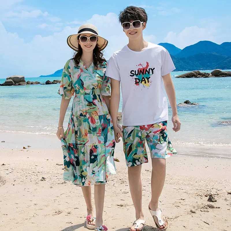 Holiday Family Matching Beach Couple Clothing Mom Daughter Green Dress Dad Son Outfits Resort Vacation Look Parent-child Clothes W250207