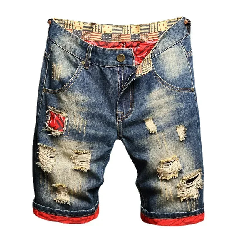 Summer Ripped Denim Shorts Mens Quarter Pants Loose Large Size Medium Fashion Personality Beggar Breeches 250206