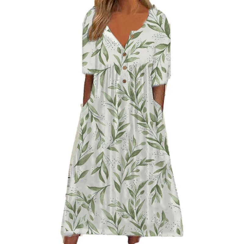 European and American Spring Popular Printed V-neck Button Short Sleeve for Women's Pocket Long Dress 2024 New Casual Fashion Trendy Clothing