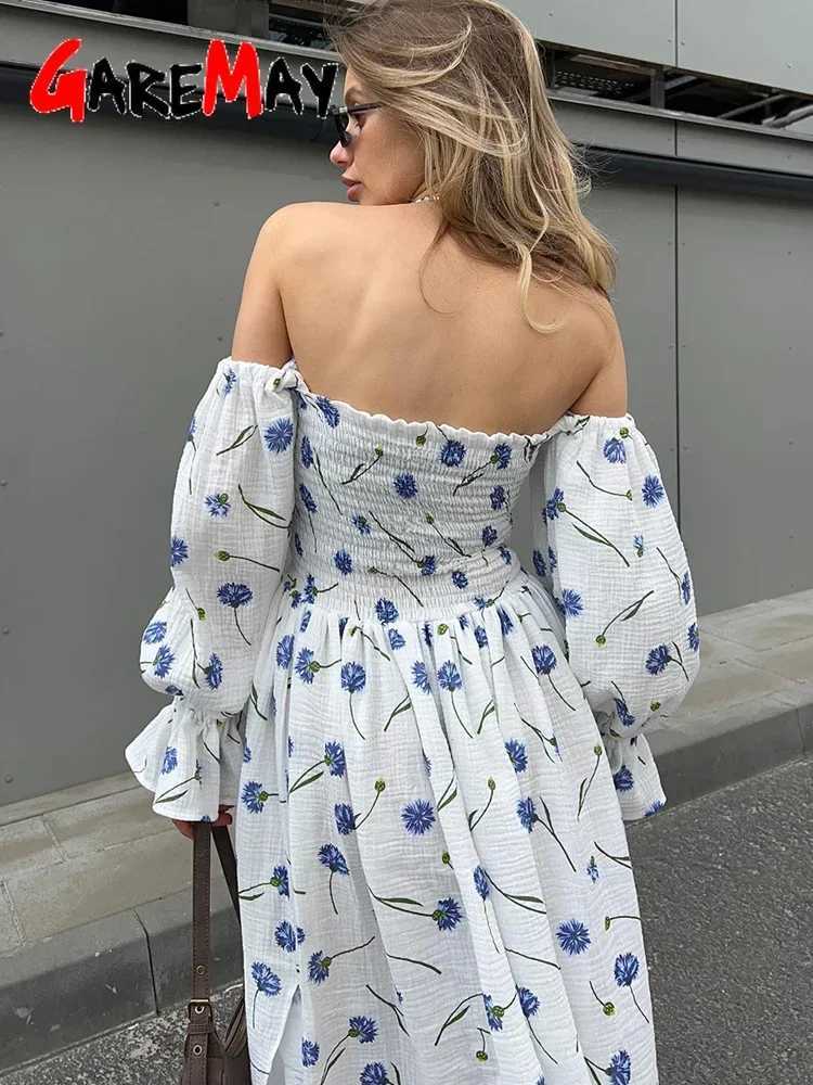 Womens Summer Cotton Dress 100% Ele Ruffle Midi Floral Print Dress with Side Slits Flower Vintage slin Dress for WomenXJ2500207